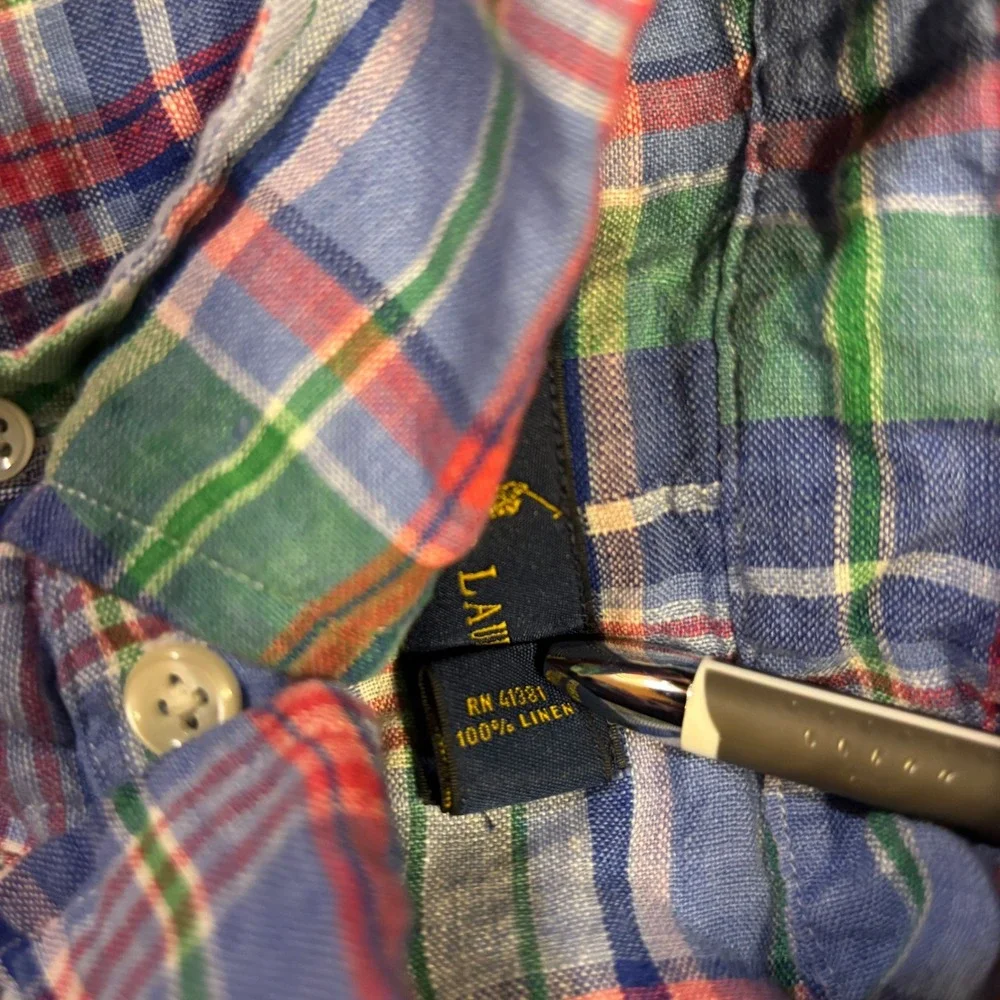 Ralph Lauren Mens S Short Sleeve 100% Linen Plaid Button Down‎ Shirt Blue Green